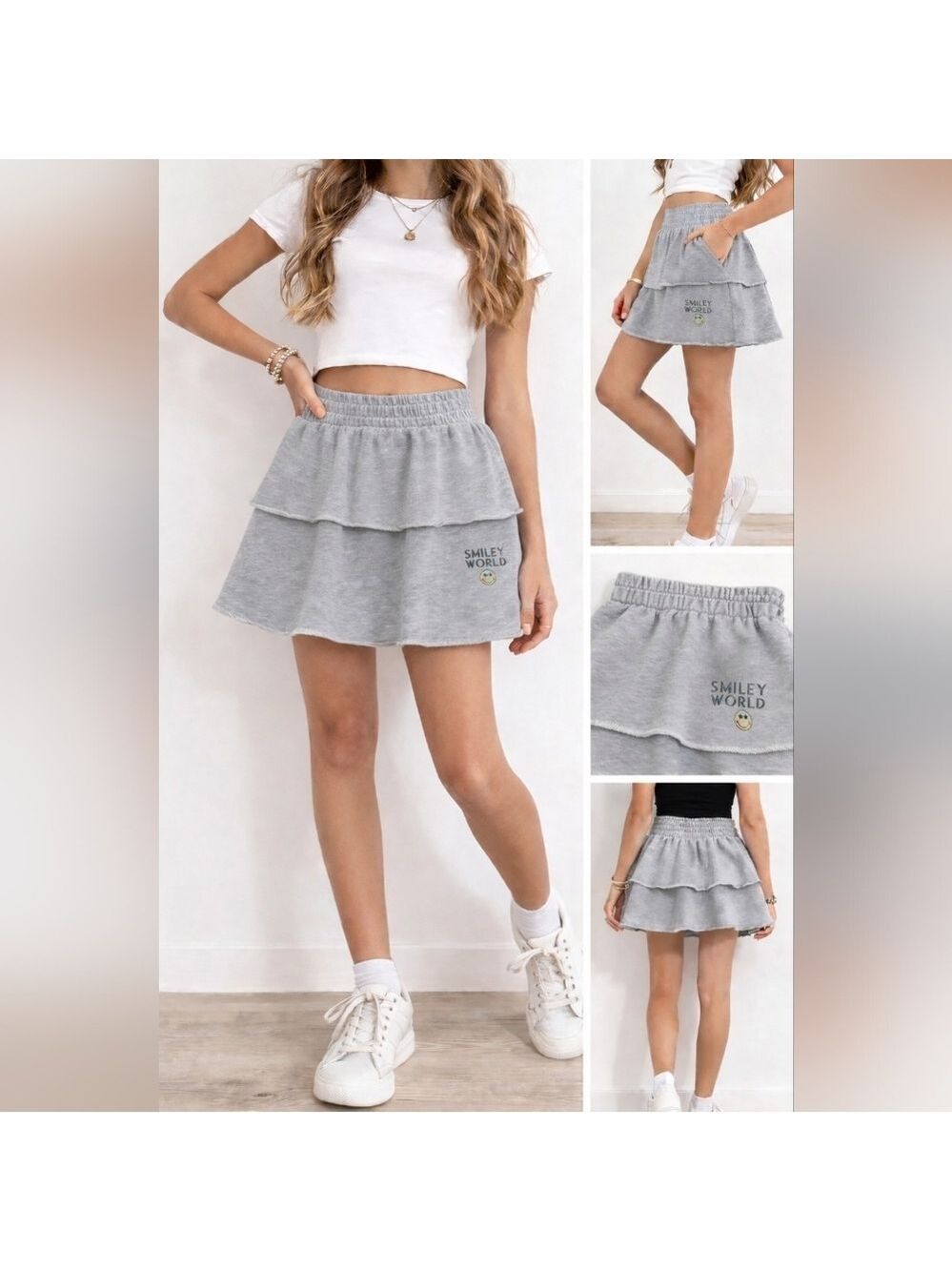 Smiley World Gray Tiered Ruffle Skirt Girls XL 16 Holographic Logo
